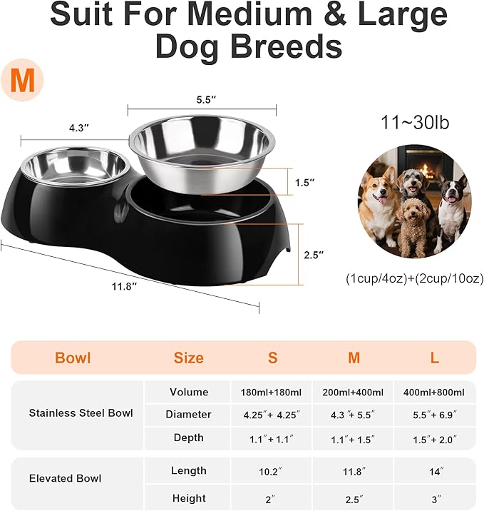 Double Dog Bowls Set ??Non-Slip Pet Food & Water Dishes with Resin Stand, Includes Small (1 Cup) & Medium (2 Cups) Bowls ??Ideal for Puppies, Cats, and Medium Dogs ?“Black