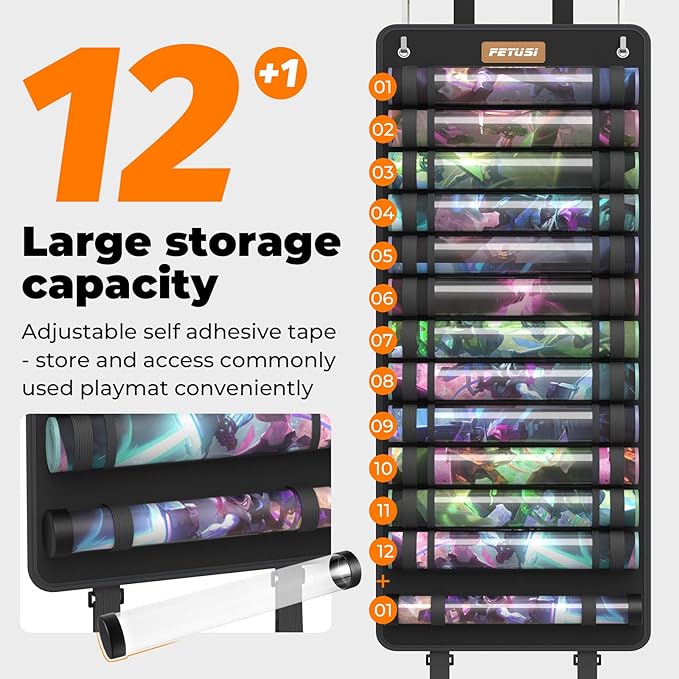 Playmat Tube Storage Bag,Hangable Playmat Holder for MTG with 2 Hooks,Securely Locks Game Mats,Fits 12+1 Card Game Mats with Clear Plastic Slots,TCG/MTG Game Mat Case(with Reinforced Elastic Strap)