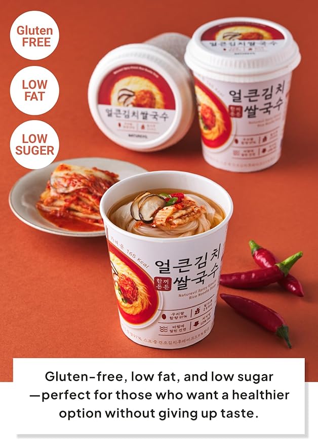 KFOOD Korean Food NATUREVIL Spicy Kimchi Cup Rice Noodle Instant Noodle Bowls, Kimchi Flavor Broth with Rice Noodles, Gluten-free, NON-GMO, No artifical additives 1.69oz (6 Pack, 10.16oz)