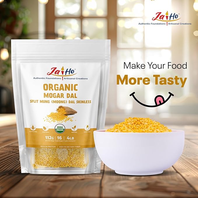 Jai Ho Certified Organic Kabuli Chana Garbanzo Beans 4 lb | Chickpeas Lentils | Indian Kabuli Chole Chana | USDA Organic | Non-GMO | Chemical-Free | Premium Quality Kosher (4 Pound, Moong Mogar Dal (W/O Skin))