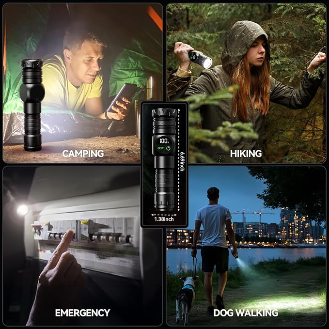 Flashlight Rechargeable 2000 High Lumens Ultra-Bright Covers 3200 ft² Focus Up to 3900 feet,IPX7 Waterproof Tactical LED Flashlight with COB SideLight & Magnetic Base for Camping Home Emergency