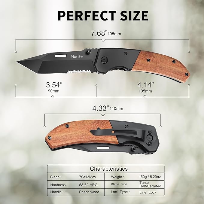 Pocket Knife for Men, Folding Knife with Pocket Clip, Wood Handle EDC for Women with 3.4″ Black Serrated Steel Blade, Camping Knife, Hunting, Hiking - Father's Day Gift