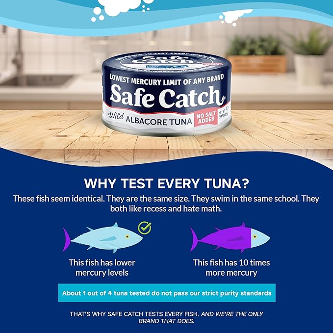 Safe Catch Canned Lowest Mercury Limit Albacore Tuna Fish No Salt Added, Wild Caught, Gluten-Free, Kosher, Whole30 Approved, Keto, 5oz Can, 12-Pack