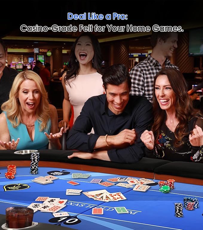 LUCKYERMORE Upgraded 10 Players Poker Table with Stainless Steel Cup Holder, 84”Folding Casino-Style Texas Game Poker Tables with Padded Rails, Blue Felt Surface, Fully Assemble
