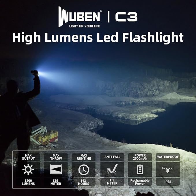 WUBEN C3 Rechargeable Flashlight 1200 High Lumens Super Bright, LED Tactical Flashlights, Powered EDC Flash Light IP68 Waterproof, 6 Light Modes for Camping, Emergency, Outdoor, Rescue, Inspection