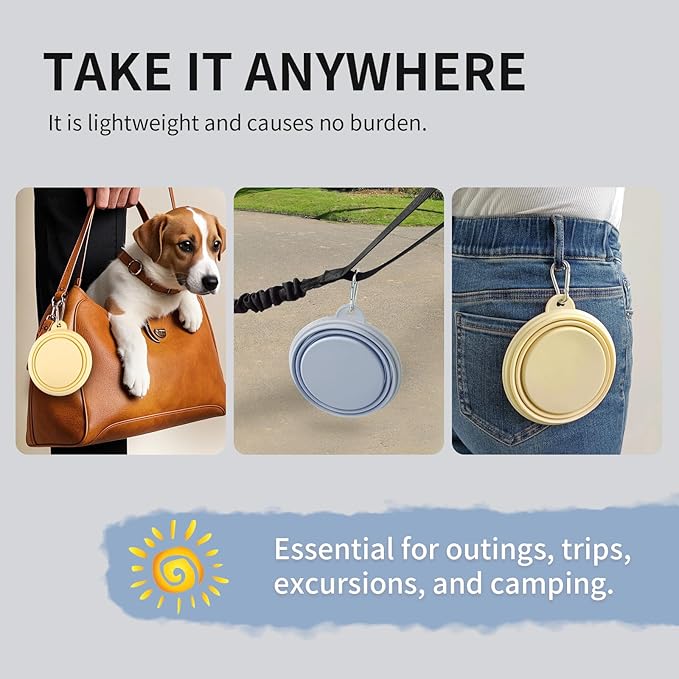 Collapsible Dog Bowls 2-Pack, Portable Travel Dog Bowl with Carabiner, Food-Grade Silicone Pet Bowl for Hiking, Walking(Macaron Blue and Yellow)