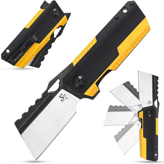 Sitivien ST155 Folding Knife,Sandvik 14C28N Steel Blade,G10 Handle EDC Tool Knife Pocket Knife for Fishing,Camping,Hiking(Black+Yellow) …