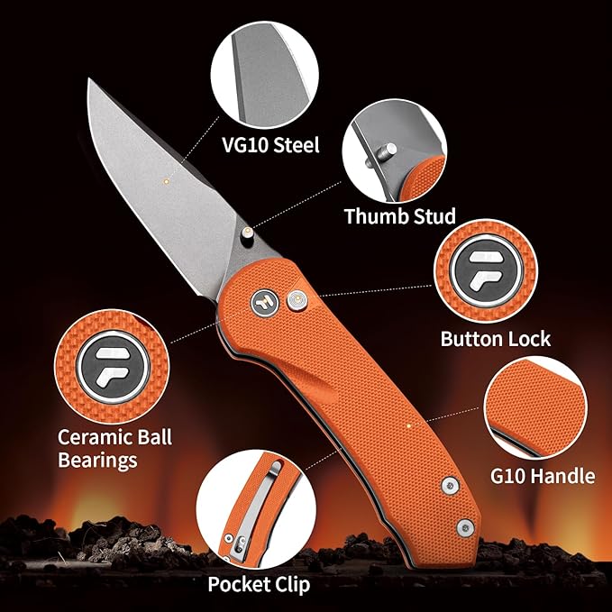 Button Lock Pocket Knife with 2.85 inch VG10 Steel Blade G10 Handle, Folding Knife for EDC, Orange