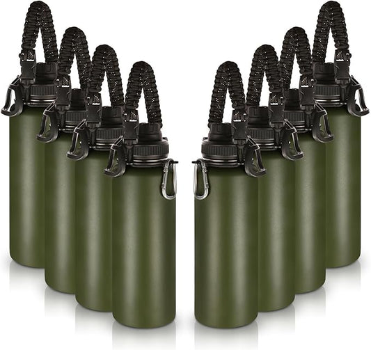 Volhoply Insulated Water Bottles Bulk 8 Pack, 40 oz Stainless Steel Sports Bottle with Paracord Handle Spout Lid, Vacuum Metal Travel Cups with Wide Mouth,Reusable Large Water Cup(Army Green,8 Set)