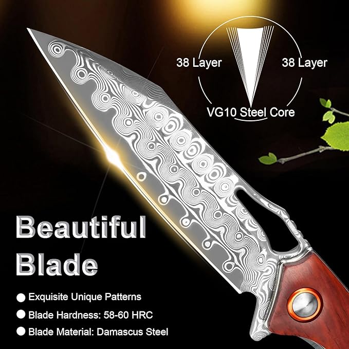 Damascus Pocket Knife 3.5" Damascus Steel Blade Foldable Knives with Wooden Handle EDC Camping Folding Knives for Outdoor Men Women Christmas Birthday Gifts