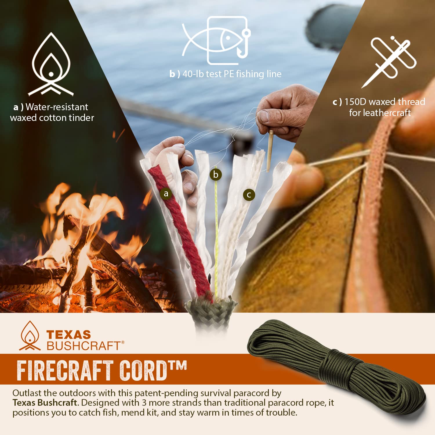 Texas Bushcraft Firecraft Cord Survival Bracelet – Paracord Bracelet with Bow Shackle for Camping
