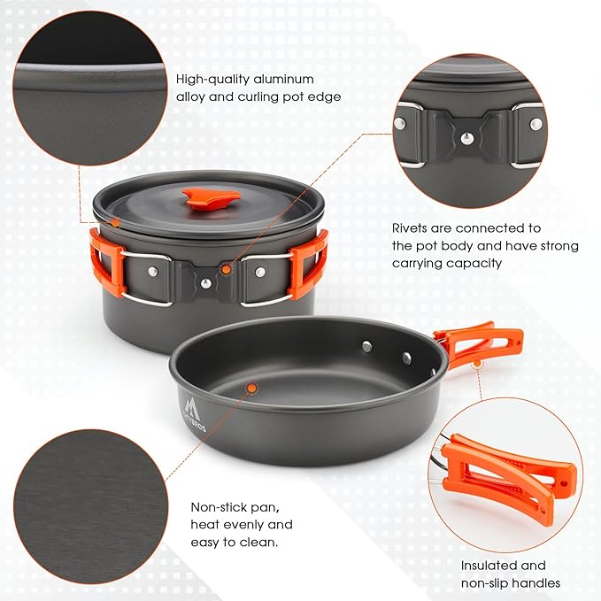 17pcs Camping Cookware Kit, 0.45Gal Pot, 7inches Pan,0.30Gal Kettle Set with 2 Set Stainless Steel Cups Plates Forks Knives Spoons for Hiking