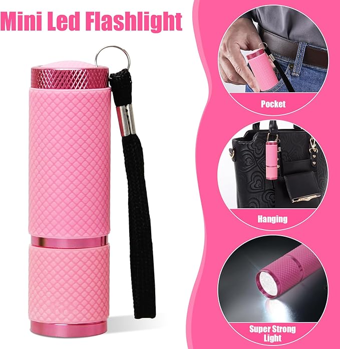 AHIER 9 LED Glow in Dark Flashlights, Rubber Coated Small Flashlights with Straps, Portable Handy Lights for Camping, Hiking, Indoor, Assorted Colors (Pink)