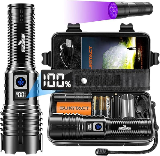 Flashlight 2000 High Lumens Rechargeable - LED Flash Light with LCD Display XHM77.2 Super Bright Police Powerful Linterna | 5 Modes & Adjustable Focus | IP67 Waterproof for Emergency Camping