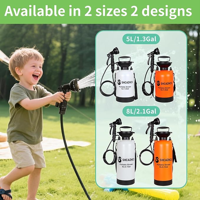 1.3 Gallon/5L Portable Shower with 10 Spray Modes, No Power Needed, Multi-use Sprayer for Camping & Beach Shower, Hiking, Pet Bath, Car Washing, Plant Spraying, White