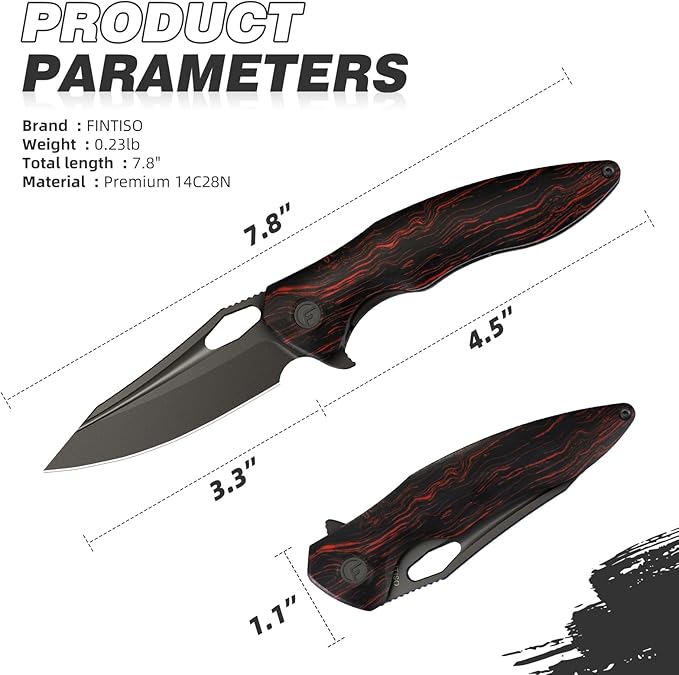 FINTISO Apollo Pocket Knife, 3.3" 14C28N Blade Damascus Pattern G10 Handle Folding Knife with Liner Lock, EDC Knife with Pocket Clip for Camping, Hunting, Survival, Unique Gift for Men Women