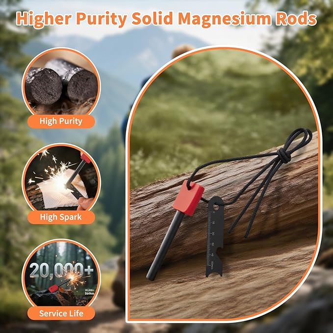 Fire Starter Ferro Rod 3.9" x 5/16", 12,000 Strikes Survival Flint 6-in-1 Striker, Waterproof Compact Magnesium Fire Starter for Camping Hiking Emergency