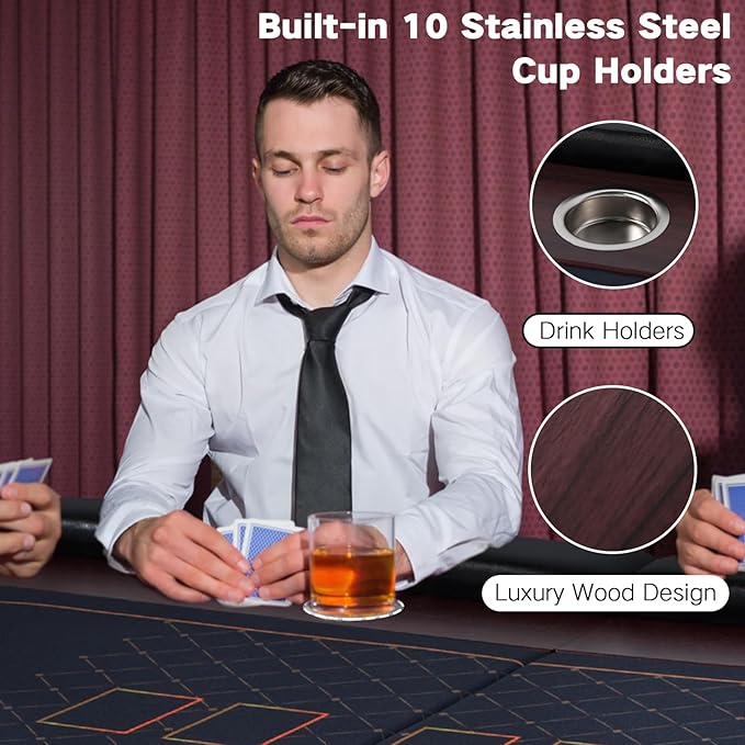 10 Player Foldable Poker Table, 86" Large Professional Folding Texas Holdem Poker Card Table, Portable Casino Table for Game Room with Padded Rails & Cup Holders