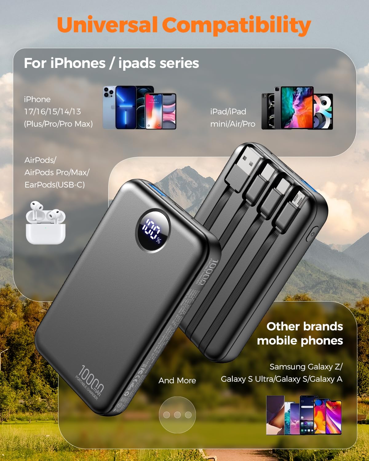 Zmmyuluo Portable Charger 10000mAh with 4 Built-in Cables 40% Smaller
