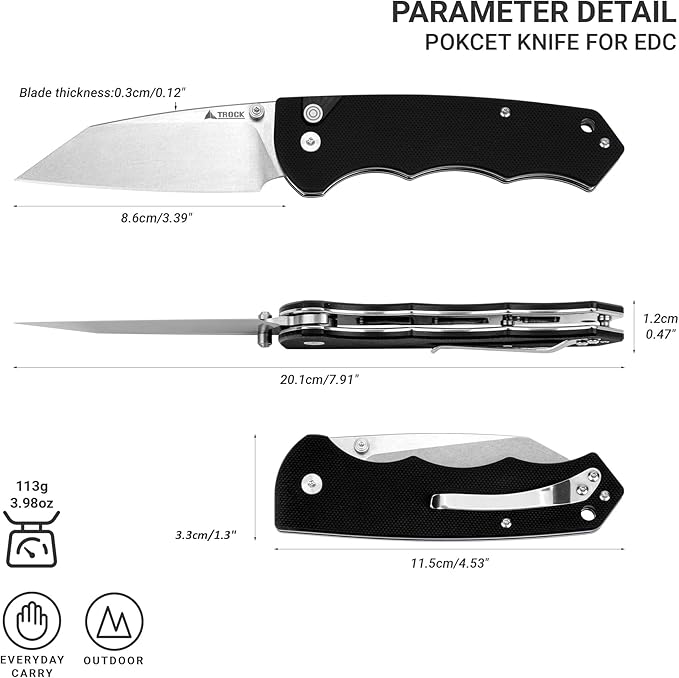 Pocket Folding Knife - 3.39" D2 Sheepsfoot Blade Stonewashed Finish - G10 Handle with Thumb Stud - EDC Knife for Men Women - Camping Hiking Survival Prepper
