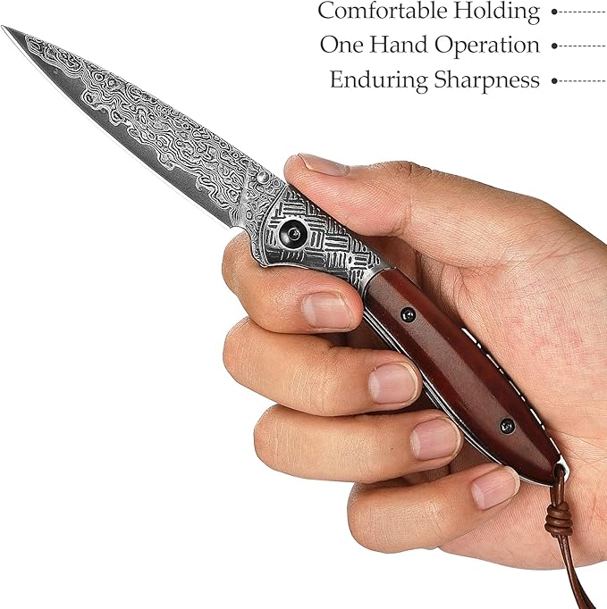 3.15" Handmade Damascus Folding Pocket Knife，EDC Knives Gift for Men，Brown Bone Handle，Ceramic Bearings，Thumb Stud, Steel Bolster, Liner Lock.Piscis Austrinus-02B