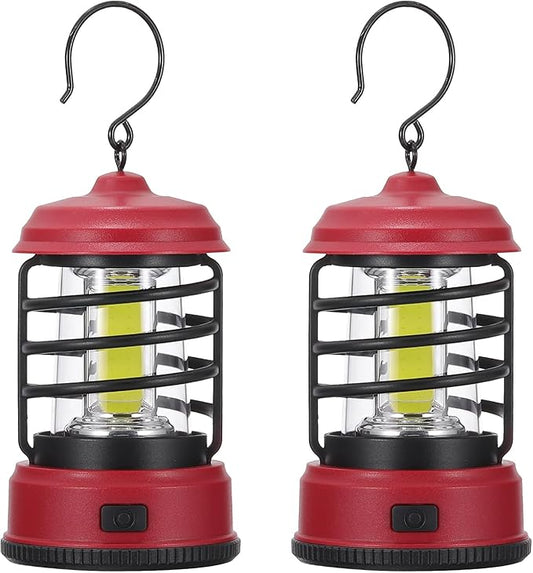 PATIKIL LED Camping Lantern, 2 Pack Vintage Lantern 2 Light Modes Portable Battery Powered Hanging Outdoor Tent Light for Camping, Hiking, Fishing, Red 5.91 Inch