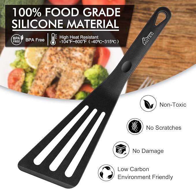 HOTEC 600??Heat Resistant Silicone Slotted Fish Turner Spatula Set, BPA Free Flipper Cooking Spatulas, for Non Stick Cookware Dishwasher Safe, Black