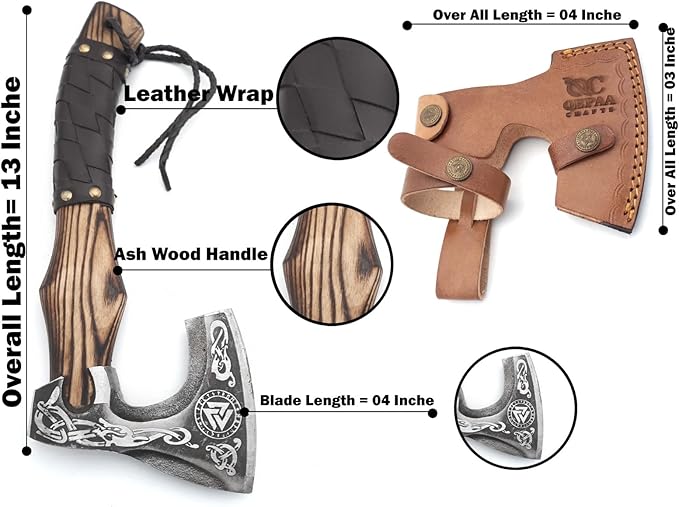 13??Inch Hand-Forged Viking Axe- Ash Wood Handle Hatchets and Axes with Leather Wrap, Wood Splitting Axe, Camping Axe, Throwing Axes and Tomahawks - Gift for Him (Valknut)