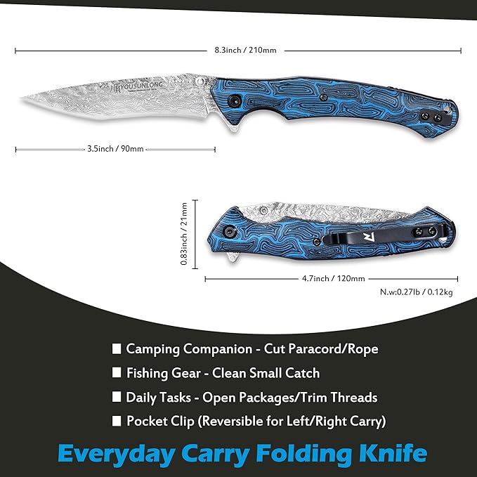 YOUSUNLONG Folding Knife - Hammered Damascus Steel Blade - Blue Damascus texture G10 Cover