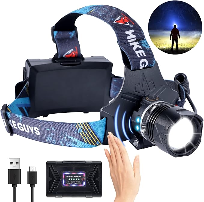 LED Rechargeable Headlamp, Headlight 1500 Lumens Super Bright with 6 Modes & IPX5 Warning Light, Motion Sensor Adjustable Headband Head Lamp, 60° Adjustable for Adult Outdoor Camping Running Cycling