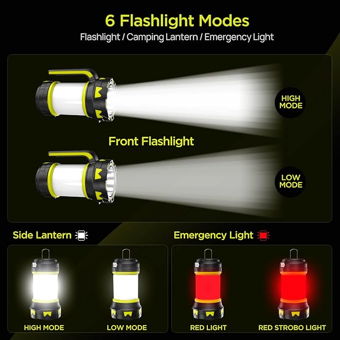 Rechargeable Flashlights Camping Lantern, 6 Modes LED Bright Flashlight 3000mAh Battery, IPX4 Waterproof, Emergency Flashlight Lantern for Outdoorï¼?Hurricane, USB Cable Included-2 Pack