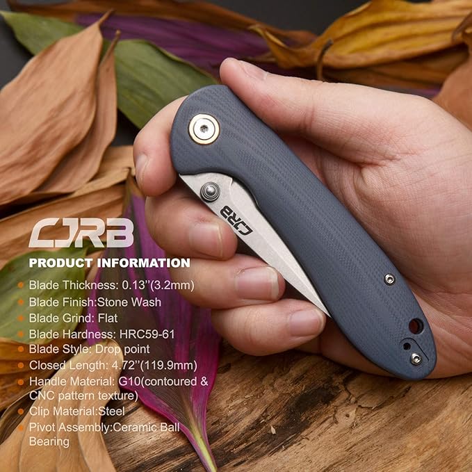 CJRB Folding Knife Feldspar Pocket Knife Stonewash D2 Steel Blade G10 Tactical Handle EDC Knife, Blue Handle-Small (J1912)