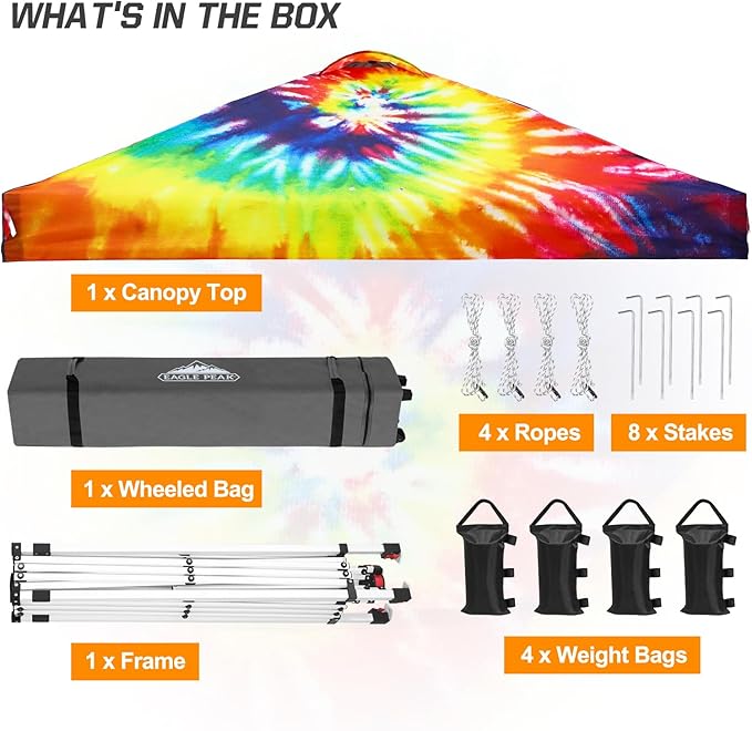 EAGLE PEAK Pop Up Canopy Tent with Wheeled Carry Bag, 8 Stakes, 4 Ropes, 4 Weight Bags, Easy Set Up Tent Canopy, 10x10 ft, 100sqft of Shade, Cosmic Tie Dye