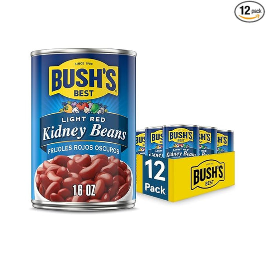 BUSH'S BEST 16 oz Light Red Kidney Beans, Canned Beans, Kidney Beans Canned, Source of Plant Based Protein and Fiber, Low Fat, Gluten Free, (Pack of 12)