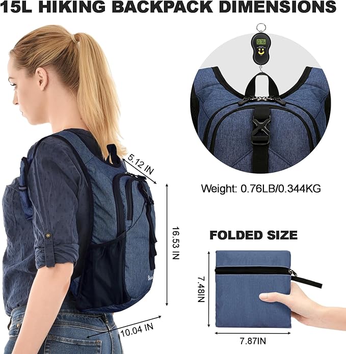 Seektop 15L Small Hiking Backpack for Women Men, Lightweight Hiking Packable Daypack with Phone Pocket for Travel Camping (Dark Blue)