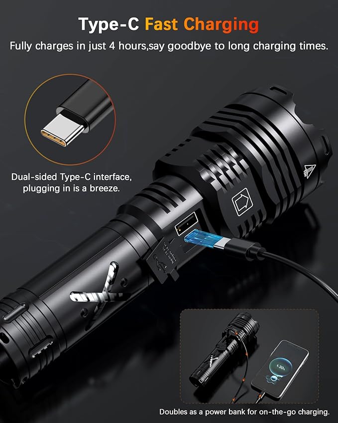 Super Bright Rechargeable Flashlight High Lumen 2000.001 Waterproof Tactical Powerful Led Flashlight Battery Powered With 6 Mode Zoomable Fast Charge, Handheld Flashlight For Camping Caving Emergency