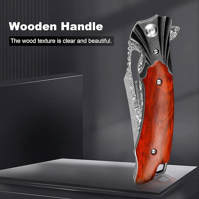 Damascus Pocket Knife for Men Women, Wood Handle Folding Knife with Sheath, 3.15" Damascus Steel Blade Pocket Knives for Outdoor