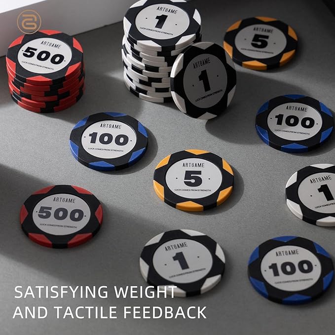 ARTGAME 14 Gram Clay Poker Chip Set for Texas Hold’em, 500 Pcs Casino Style Chips, with K-Type Aluminum Case and Dealer Buttons.