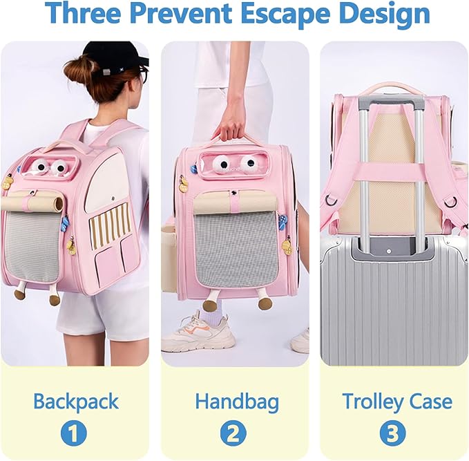 Pet Carrier Backpack, Dog Backpack with Waterproof Pu Leather, Cat Backpack with Breathable Mesh, Pet Bag Suitable for Climbing, Hiking, Traveling(Pink)