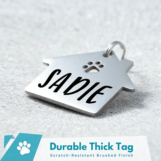 Ultra Joys Dog Tags Personalized for Pets - Hollow Paw Custom Pet ID Tag - Engraved Dog Tag for Small, Large Dogs - Small House in Silver