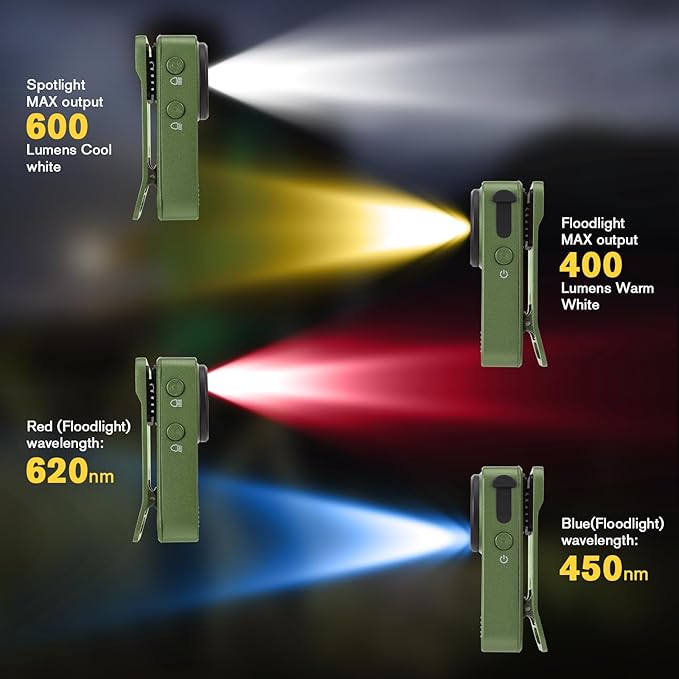 EDC Flashlight Clip-on Light, Rechargeable 600 Lumens with Type-C, IPX6 Waterproof, Portable Mini Magnetic Keychain Flash Lights for Signaling, Cycling, Outdoor or Emergency, Green