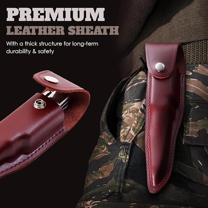 Grand Way 12.2" Retro Folding Knife with Wood Handle & Leather Sheath - 7.8" Long Foldable Sharp Blade - Large Pocket Knife for Men Camping Hunting Survival Work 12 KG