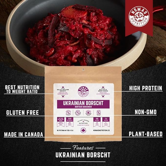 Nomad Nutrition Ukrainian Borscht | Instant Freeze Dried Backpacking & Camping Food | Plant-Based, Non-GMO Hiking Meals with High-Energy, Vegan, Gluten-Free | 112g - 1 Pack