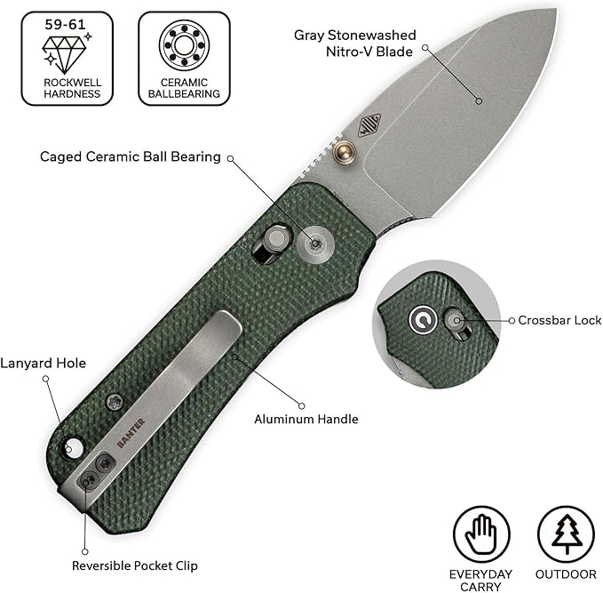 CIVIVI Small Pocket Knife for EDC, Baby Banter 2 Crossbar Lock folding Knife with 2.34" Nitro-V Blade Micarta Handle, Titanium Thumb Stud Opener C23074-3