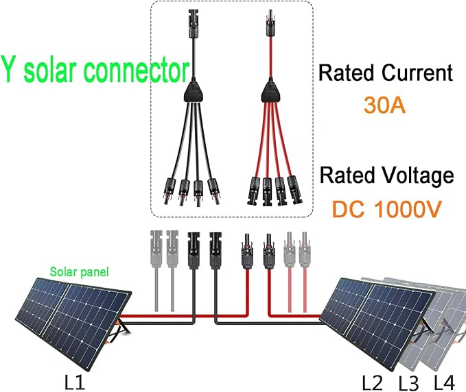 Y Solar Connector 1 to 5 Solar Y Branch Parallel Cable,Solar 1-5 Male Female Connector Adapter,10AWG 45A,Waterproof IP68 30CM Cable,for Solar Panels,Solar Cells,1 Pair(Y 1-5)