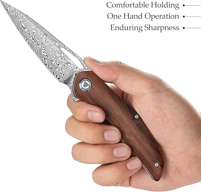 3.62'' Damascus Folding Pocket Handmade Knife for Men With Clip, Front Flipper Utility Knife for Best EDC Outdoor Camping Hiking Work Knives,Ironwood Handle &Ti Ring.Taurus-01i