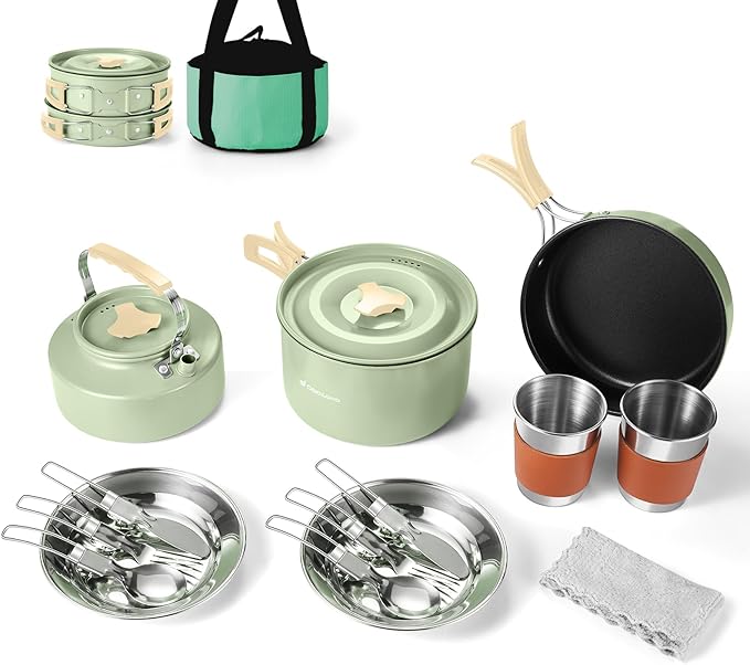 Odoland 15pcs Camping Cookware Mess Kit, Non-Stick Lightweight Pot Pan Kettle Set with Stainless Steel Cups Plates Forks Knives Spoons for Camping, Backpacking, Outdoor Cooking and Picnic