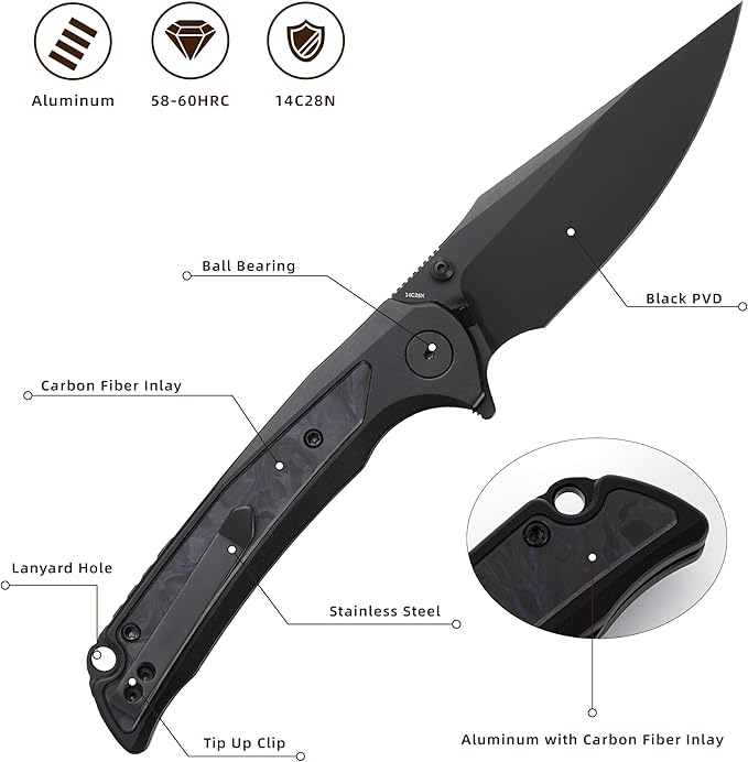 EDC Pocket Knife, 3.6" 14C28N Aluminium With Steel Inlay Handle, Folding Knife for Camping Hiking Hunting Outdoor