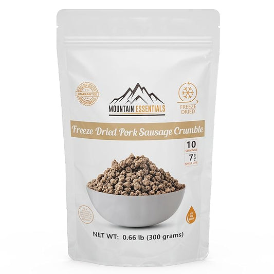 MOUNTAIN ESSENTIALS Freeze-Dried Pork Sausage Crumble ??Fully Cooked & Ready to Eat | Traditional Flavor | Premium Quality Everyday Meals, Camping & Emergency Survival Food | 10 Servings | Made in USA | 7-Year Shelf Life