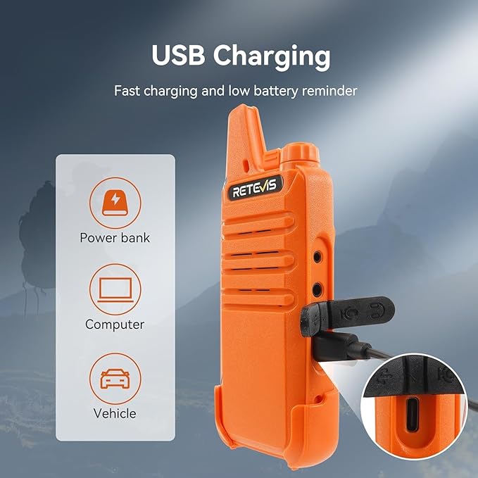 Retevis RT22 Rechargeable Walkie Talkies, Long Range Two Way Radio for Adults, Portable Handheld Radio, Voice Activated, Emergency Alarm, Upgraded Type-C Charing, Outdoor Hiking Travel(4 Pack, Orange)